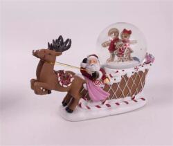  Hógömb mikulás szánon, mézeskalács figurákkal, ledes, zenélő, poly 23cm (045934)