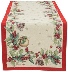Kert és Otthon Karácsonyi mintás arany gömbös, arany lurexes gépi gobelin asztali futó, 44 x 140 cm (J1309FN44E)