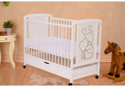 Qmini Patut din lemn Timmi Heart 120x60 cm, cu sertar, cu roti, din lemn de pin, MDF, Somiera reglabila, Alb - Qmini (QMTIMH02AL)