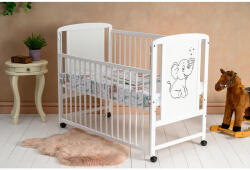 Qmini Patut din lemn bebe 120x60 cm cu laterala culisanta din lemn de pin si mdf Alb Qmini Timmi Elephant (QMTIME03AL)