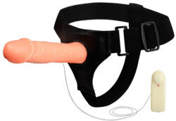 Loverzzz Felcsatolható üreges vibrátoros dildó, Loverzzz, Jessica Strap-on 1, 16-20 cm, testszínű, állítható pántos, távirányítós, erezett, PVC, 2xAA elemes