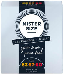 MISTER SIZE Óvszer, Mister Size, 53-57-60 próbacsomag, 3 db, 18, 5-20 cm hossz, átlátszó, ultra-vékony (0, 05 mm), sima, síkosított, spermatartó, természetes latex