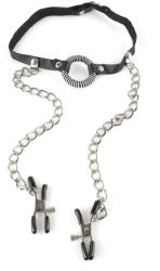 Pipedream - Fetish Fantasy Series O-gyűrűs szájpecek mellbimbócsipesszel, Pipedream Fetish Fantasy Series, O-Ring Gag, 4, 5 cm, fekete-ezüst, állítható, neoprén, tárolótáskával