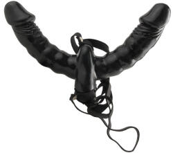 Pipedream Kétvégű felcsatolható vibrációs dildó, Pipedream Fetish Fantasy, Double Delight Strap-On, 15 cm, fekete, vízálló, elemes, kétmotoros, PVC