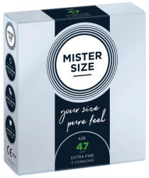 MISTER SIZE Óvszer, Mister Size, 47 mm, 3 db, átlátszó, ultravékony (0, 05 mm), síkosított, spermatartályos, természetes latex, karcsú szabás, keskeny péniszhez