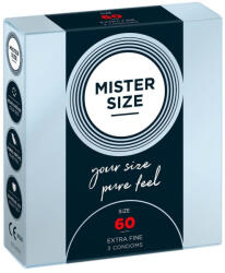 MISTER SIZE Óvszer, Mister Size, nominális átmérő 60 mm, 3 darab, átlátszó, ultravékony (0, 05 mm), síkosított, spermatartállyal, természetes latex, vegán