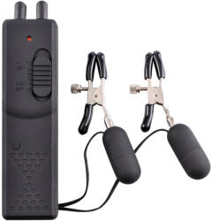 Pipedream - Fetish Fantasy Series Vibrációs mellcsipesz, Pipedream, Fetish Fantasy Series - Vibrating Nipple Clamps, 11-15 cm, fekete, 3 fokozat, vezetékes távirányítós, fém, uniszex