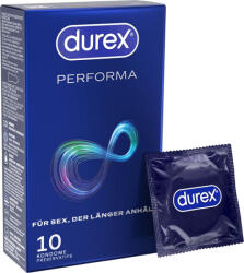 Durex Késleltető óvszer, Durex, Performa, 10 db, átlátszó, szilikonbázisú síkosítás, benzokainos késleltető hatás, Easy-On forma, spermatartállyal