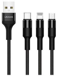 USAMS u5 töltőkábel 3in1, usb - type-c/lightning/microusb, 2a, 150cm, cipőfűző, fekete (SJ2193IN101)