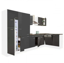 Leziter Yorki 370 sarok konyhablokk fehér korpusz, selyemfényű antracit fronttal polcos szekrénnyel és felülfagyasztós hűtős szekrénnyel (LS370FHAN-PSZ-FF)
