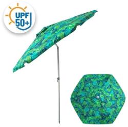 Welora Anti-szél, trópusi levélmintás, UPF 50+, alumínium váz, Ø2.25m, zöld, strandernyő