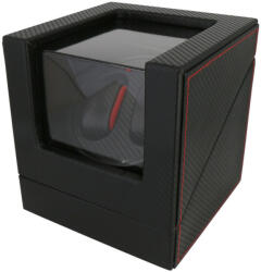 Óraforgató doboz, 2 db karórához, kívül fekete műbőr borítás (piros varrással), belül fekete textil