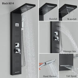  Zuhanypanel, Blackswan, M8014 típus, fekete modell vízesés csappal, digitális kijelzővel, LED és SPA funkciókkal, méret 114 cm