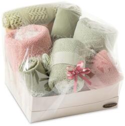 Eurofirany Törülközőkészlet T/0469 6 db Riso törölköző 2x50/90 2x70/140 + akril takaró + párnahuzat Kristi világos púder zöld ajándék készlet 500g/m2 Eurofirany