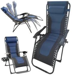  Összecsukható gravitációs kerti és strandi lehajtható fejtámlás napozóágy fekete/kék színben (5907451359419)