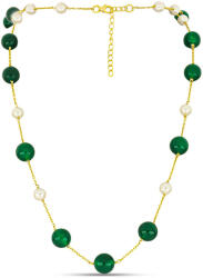  Arannyal Bevont Ezüst Nyaklánc Zöld Jadeittel és Fehér Édesvízi Tenyésztett Gyönggyel, Y58492