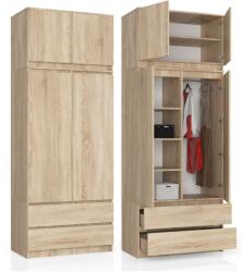 AKORD Furniture Factory - Sonoma Tölgy Álló Szekrény Felsőrésszel, 90 cm széles, 2 ajtós, 2 fiókos, 6 polcos, CLP Bútor Rendszer, 234 cm magas, Laminált Lemez, ABS Élzárással