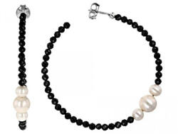  Arannyal Bevont Ezüst Fülbevaló Fekete Spinellel és Édesvízi Gyönggyel