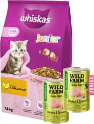 Whiskas WHISKAS Száraz cicatáp Junior csirkével 14kg + WILD FARM Premium Grain Free Chicken and Salmon Junior 2x400g