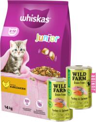 Whiskas WHISKAS Száraz cicatáp Junior csirkével 14kg + WILD FARM Premium Grain Free Turkey and Salmon Junior 2x400g