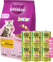 Whiskas WHISKAS Száraz cicatáp Junior csirkével 14kg + WILD FARM Premium Grain Free Chicken and Salmon Junior 6x400g