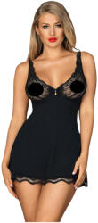 Obsessive - Babydoll cu flori și strasuri - cu tanga - negru (27413261111) - desirel