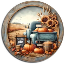Nyomtatott fa tábla koszorú közép - Őszi táj kék teherautóval 11, 8cm - papelito