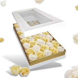  Prémium szappanrózsa szelence átlátszó tetejű fehér dobozban-krém és fehér rózsával - papelito