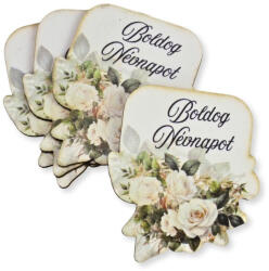 Nyomtatott dekorkarton - Boldog névnapot virágos tábla - fehér 4db/csomag
