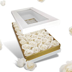  Prémium szappanrózsa szelence átlátszó tetejű fehér dobozban - fehér rózsával - papelito