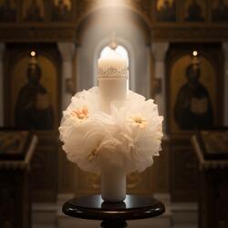 Ie Traditionala Lumanare botez eleganta cu flori ivoire si dantela