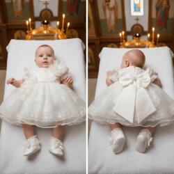 Ie Traditionala Rochita de botez alb cu dantela si funda mare la spate