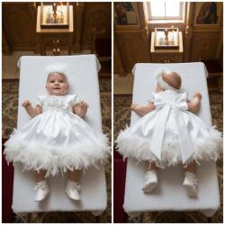 Ie Traditionala Rochita de botez alb cu pene si bentita asortata