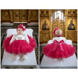 Ie Traditionala Rochita de botez fucsia cu aplicatii argintii si bentita asortata