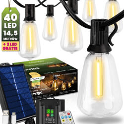 Lumileds Napelemes kerti girland 40 db LED dekoratív izzó 14, 5 m 2700 K meleg fehér + INGYENES távirányító PYRIS LUMILED