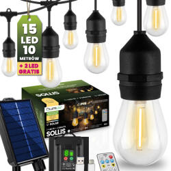 Lumileds Napelemes kerti girland 15x LED dekoratív izzó 10m + távirányító IP65 2700K Meleg SOLLIS LUMILED