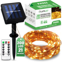 Lumileds Napelemes kerti girland 200x LED dekoratív 21m meleg fehér 3000K + PASSI LUMILED távirányító