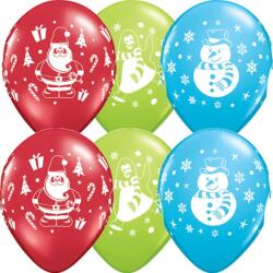 Qualatex 11 inch-es Karácsonyi Hóember, Mikulás és Pingvin Mintájú Latex Lufi