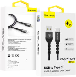 Blavec Cable Raptor fonott - USB to Type C - 3A 2 méter (CRA-UC3BG20) fekete-szürke