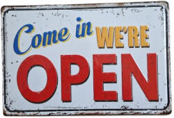 Ezone Vintage Dekor Fémtábla, dombornyomott, 'Come in we are open' felirat, retro hangulatú kialakítás, 20x30cm