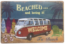 Ezone Vintage Dekor Fémtábla, dombornyomott, 'Beached and Loving It! ' felirat, retro hangulatú kialakítás, 20x30cm