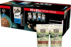 Sheba SHEBA Sauce Collection Fish Flavours tasak 40x85g - nedves teljes értékű eledel felnőtt macskáknak, szószban + WILD FARM 2x50g macskaeledel macskáknak