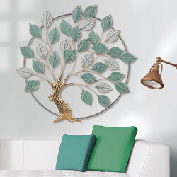  Nagy méretű fémből készült arany, zöld és fehér színű körben lévő életfa formájú fali dekoráció 72cm