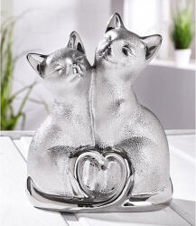  Ezüst színű páros cicás kerámia szobor - 20cm