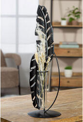  Fekete színű fém és üveg váza, leveles sziluettel, 35cm