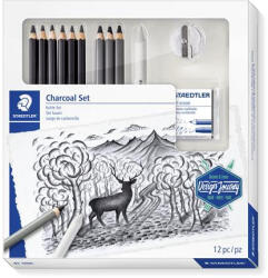 STAEDTLER Grafit- és szénceruza készlet, kiegészítőkkel, 12 darabos, STAEDTLER "Mars® Lumograph® 100C