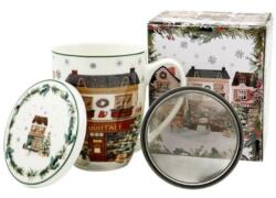Duo Gift Porcelán bögre tetővel, fém szűrővel 360ml Christmas City