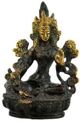  Zöld Tara szobor ülő - Arany, patina - Sárgaréz - 9 cm