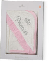 Cangaroo Pamut frottír, Princess kapucnis törölköző (75x75 cm) + Mosdatókesztyű - Fehér- Rózsaszín szegéssel