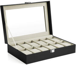 SONGMICS 12 Rekeszes Óratartó Doboz Üvegfedéllel Fekete Műbőr Kivitelben (EUZ-JWB12BE) - prodis